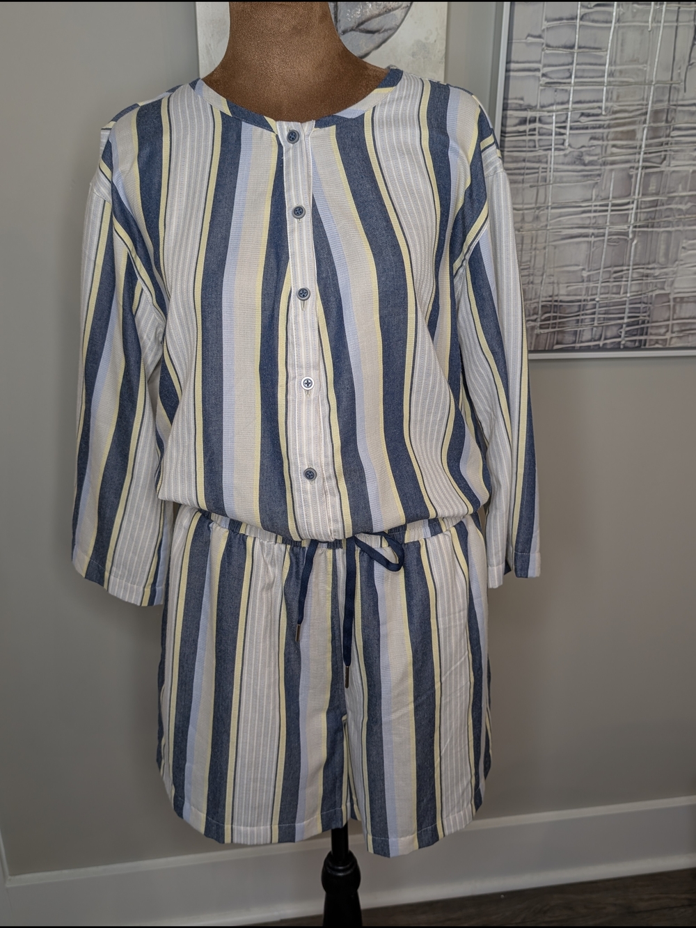 Travis Mathew Blue, White & Yellow Striped Button-Front Romper